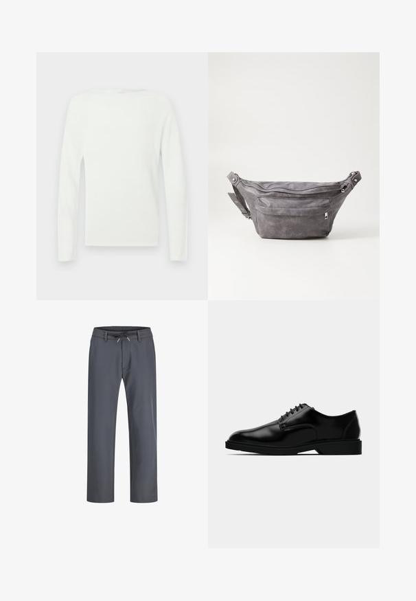 Hvid langærmet crew neck sweater med en simpel, glat tekstur og en tætsiddende silhuet.; Grå bukser med elastisk talje og snøring. Lige ben-design, lavet af glat stof, har minimal syning og ingen synlig hardware.; Sorte læder dress sko med en glat finish, rund tå, snørebåndsdesign og diskret gummisål for godt greb.; Grå suedefanny pack med en rund form, to lynlåslommer og justerbart strop. Har metalhardware detaljer.