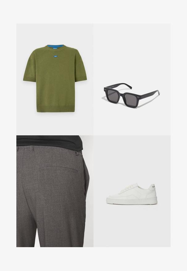 Olivengrøn kortærmet strikketrøje med rund halsudskæring, ribbestrikkede kanter, og et blåt logo-patch på brystet. Blød struktur, afslappet pasform.; Hvid bomulds T-shirt med korte ærmer, rund halsudskæring og en løs pasform. Har et lille brandmærke på siden. Glat tekstur.; Grå skræddersyede bukser med en glat tekstur, udstyret med en enkelt baglomme og et slim fit design. Stoffet har et subtilt mønster.; Hvide lædersneakers med en glat overflade, rund tå, flade snørebånd og en tekstureret sål. Har et diskret logo på hælen.; Sorte rektangulære solbriller med mørke linser, der har en tyk ramme, subtile detaljer på siderne og uden synlige logoer udover mærkenavnet.; Canvas tote bag i lys beige med dobbelthåndtag, med "SAMSOE" logo i hvidt trykt på fronten. Rektangulær form med enkelt design.