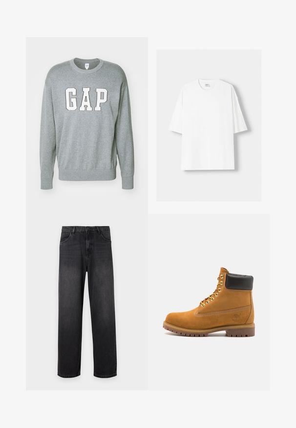 GAP LOGO INTARSIA CREW - Strickpullover - heather grey; Weißes kurzärmliges T-Shirt aus Baumwolle mit Rundhalsausschnitt und lockerer Passform. Glatte Textur, ohne sichtbare Muster oder Akzente.; Dunkelgraue Denim-Jeans mit geradem Bein, ausgestattet mit einem Reißverschluss, fünf Taschen und subtilen Verblassungen auf dem Stoff.; Beige Wildleder-Ankle-Boot mit schwarzem gepolstertem Kragen, goldenen Metallösen, weißen Nähdetalben und einer robusten Gummisohle mit ausgeprägtem Profil.