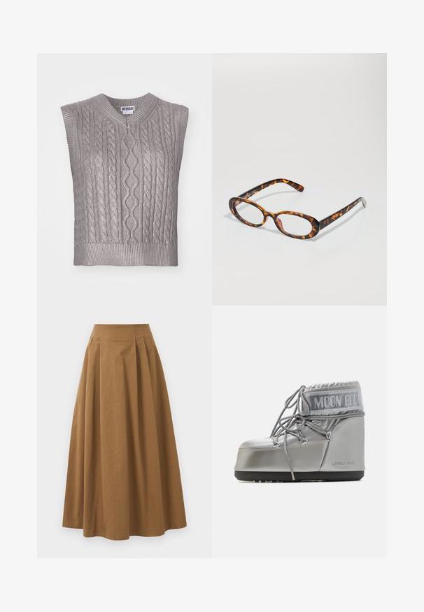 Bezrukávový šedý svetr s pleteným vzorem ve tvaru V, který má strukturované vzory, ribbed lem a štítek se nápisem "WEEKDAY" na výstřihu.; Bílá košile na knoflíky vyrobená z hladké bavlny, s klasickým límcem, dlouhými rukávy a zakřiveným spodním lemem. Knoflíky jsou malé a bílé.; Hnědá bavlněná sukně ve stylu A s vysokým pasem, se sklady na přední straně a hladkou texturou. Lemování je čisté a jednoduché.; Stříbrná voděodolná bota s kulatým tvarem, texturovaným povrchem a šedými tkaničkami. Na horní části se nachází výrazné logo "MOON BOOT".; Kočičí brýle v želvovinovém vzoru s oválnými čočkami, lesklým povrchem, štíhlými nohami a jemnými vzory připomínajícími tygří pruhy.