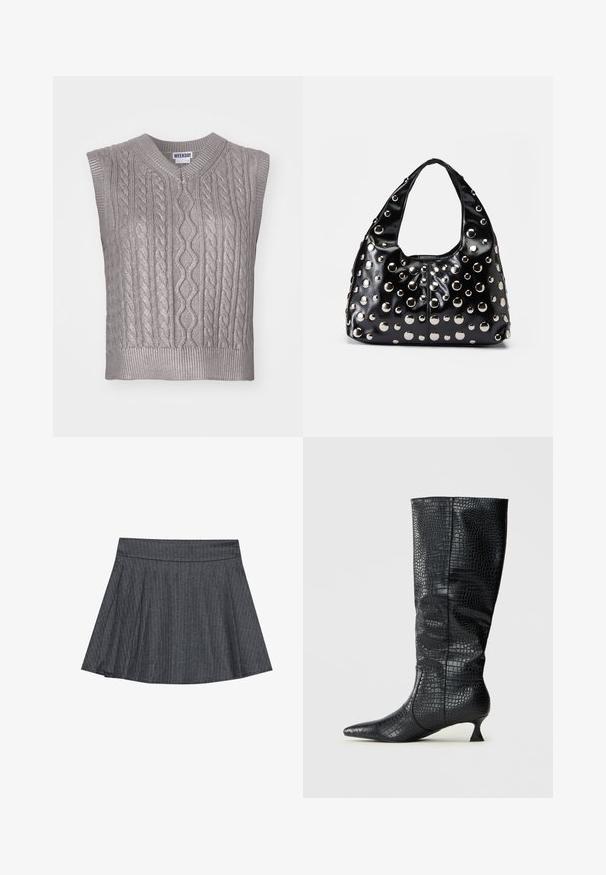 Pelēks bezpaliktnis adīts džemperis ar V-veida kaklu, ar teksturētām rakstām, ribotu apakšmalu un uzrakstu "WEEKDAY" kakla daļā.; Pelēka svītraina skrejceļa svārku kleita ar pieguļošu jostasvietu, izplūdušu A formu un mīkstu auduma faktūru. Vertikālās svītras piešķir vizuālu pievilcību.; Ceļgala augstuma melni mākslīgie ādas zābaki ar spīdīgu krokodila tekstūru, ar smailu purngalu un šauru, leņķveida papēdi. Klasisks dizains un eleganta silueta.; Melna lakota ādas rokassoma ar noapaļotu formu, ar sudraba metāla kniedēm dažādos izmēros un platu siksnu ērtai nēsāšanai.; Sudraba auskaru komplekts ar dažādiem dizainiem: riņķi, studē un karājoši stili, ar bumbu akcentiem un izliektiem elementiem.