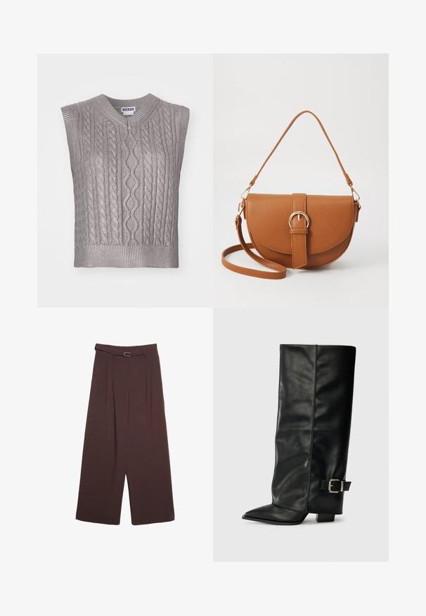 Ärmelloser grauer Kabelstrickpullover mit V-Ausschnitt, der über texturierte Muster, einen gerippten Saum und ein Etikett mit der Aufschrift "WEEKDAY" am Ausschnitt verfügt.; Stradivarius WIDE-LEG WITH BUCKLE DETAIL - Stoffhose - dark brown; Schwarze Lederstiefeletten in Knöchellänge mit spitzem Zehenbereich, glatter Oberfläche und silberner Schnallenakzent an der Seite. Massiver, quadratischer Absatz.; Braune Leder-Crossbody-Tasche mit geschwungener Form, goldfarbenen Beschlägen und einer Schnallenakzentuierung. Verfügt über einen abnehmbaren Schultergurt.