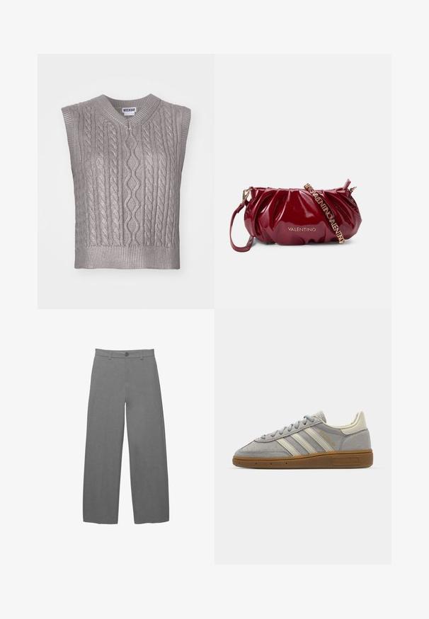 Pulover gri fără mâneci, tricotat cu cablu, cu decupaj în V, prezentând modele texturate, o margine răsucită și o etichetă cu inscripția "WEEKDAY" la guler.; Pantaloni gri deschis cu croială largă, dintr-un material neted și texturat, având închidere cu nasturi în față și bucle pentru curea în talie.; Adidași din suede gri, cu dungi din piele gri deschis și talpă din cauciuc de tip gumă. Include închidere cu șireturi și un branding discret pe limbă.; Geantă de mână din piele patenta burgundy, cu un design plisat, accesorii din aur și o curea ajustabilă cu inscripția „VALENTINO”.