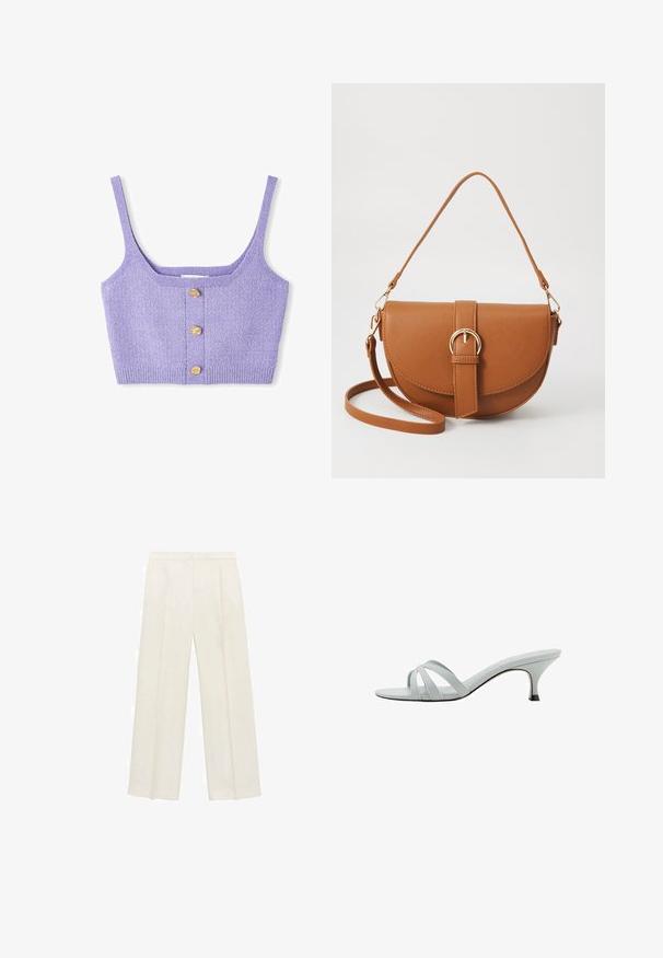 Lila crop top met een textuur gebreide afwerking, vierkante halslijn, dunne banden en drie goudkleurige knopen aan de voorkant.; Wijdgevallen broeken in een lichtcrème kleur. Gemaakt van een zachte stof met plooien aan de voorkant en zijzakken.; Lichtgrijze hakken met drie kruislings geplaatste banden, een slank profiel en een taps toelopende hak. Gladde textuur met een lichtglanzende afwerking.; Bruine leren schoudertas met een gebogen vorm, gouden hardware en een gespaccent. Bevat een afneembare schouderriem.; Set van vijf gouden oorbellen met verschillende ontwerpen: gedraaide, gegroefde en gladde oppervlakken in ring- en halve maanshapes.