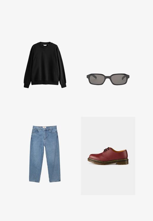 Černá mikina vyrobená z bavlněné směsi, s kulatým výstřihem, kleslými rameny, žebrovanými manžetami a uvolněným, boxy střihem.; Hnědo-černá kostkovaná košile s dlouhým rukávem, vyrobená z látky, s límečkem na knoflíčky a zapínáním na knoflíky; má manžety na rukávech.; Světle modré džíny s rovnými nohavicemi, pět kapsovým designem a viditelným logem značky na pase.; Červená kožená šněrovací obuv s kulatou špičkou, žlutým prošíváním kolem podrážky a žlutým akcentem kolem základny. Odolná gumová podrážka.; Černé obdélníkové sluneční brýle s tmavě šedými skly, s masivním plastovým rámem a hladkým povrchem. Žádné viditelné logo.
