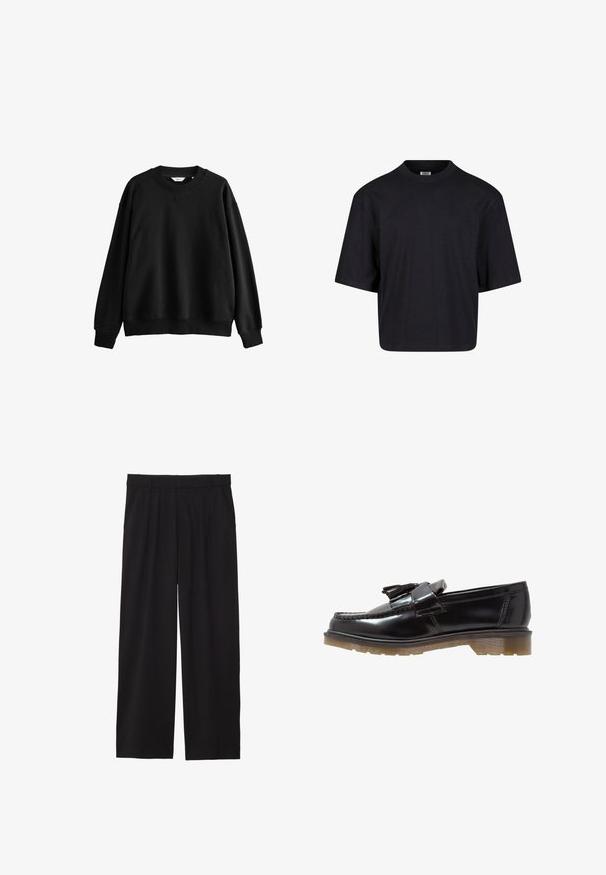 Sort sweatshirt lavet af bomuldsblanding, har en rund hals, sænkede skuldre, ribbede ærmer og en afslappet, boxy pasform.; Sort bomulds t-shirt med rund halsudskæring, korte ærmer og en oversized pasform. Glat tekstur og minimalistisk design. Ingen synlige logoer.; Sorte brede bukser med en plisseret front, sidelommer og en glat stoftekstur. Designet til en afslappet pasform.; Sorte patenterede læderslippers med et fletdesign, frynsedetalje og en kraftig, struktureret gummisål. Sidevinkel viser den slanke silhuet.