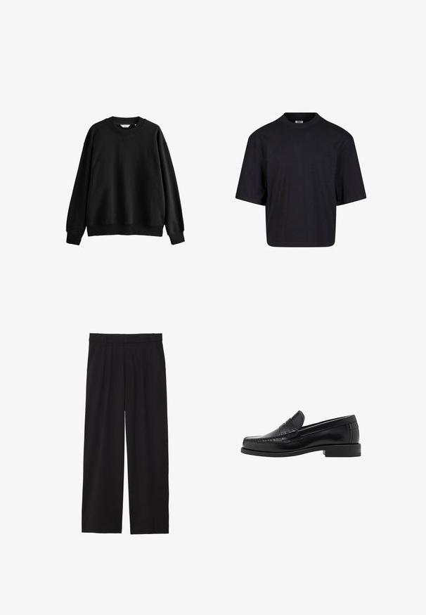 Zwarte sweatshirt van een katoenmix, met een ronde hals, verlaagde schouders, geribde boorden en een relaxte, boxy pasvorm.; Zwarte katoen t-shirt met een ronde halslijn, korte mouwen en een oversized pasvorm. Soepele textuur en minimalistisch ontwerp. Geen zichtbare logo's.; Zwarte wijde broek met geplooide voorkant, zijzakken en een gladde stoftextuur. Ontworpen voor een ontspannen pasvorm.; Zwarte leren instappers met een gladde afwerking, gestikte details op de neus en een lage hakontwerp voor comfort en stijl.