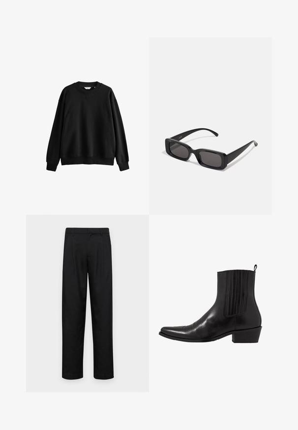 Sudadera negra de mezcla de algodón, cuenta con un cuello redondo, hombros caídos, puños acanalados y un ajuste relajado y cuadrado.; Camiseta de algodón negra con cuello redondo, mangas cortas y un corte holgado. Textura suave y diseño minimalista. Sin logotipos visibles.; Pantalones negros de tela suave, con un diseño de pierna recta, dos pliegues frontales y una cintura estándar con trabillas para el cinturón.; Bota de cuero negro hasta el tobillo con punta afilada, paneles laterales elásticos, acentos de costura vertical y un tacón bajo y cuadrado.; Gafas de sol rectangulares negras con lentes oscuros, acabado brillante, patillas anchas y un diseño de marco robusto. Nombre de la marca grabado en una de las patillas.
