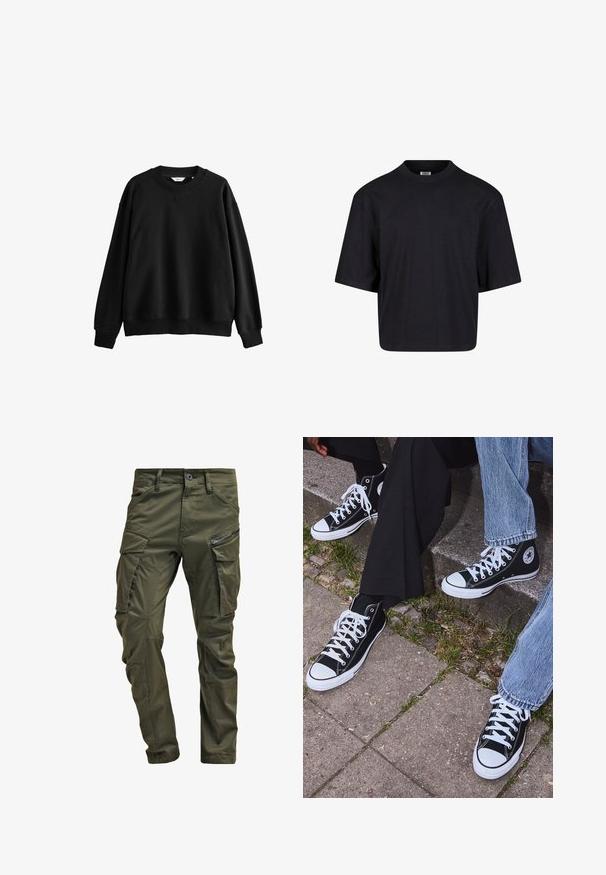 Crna dukserica izrađena od mješavine pamuka, s okruglim izrezom, spuštenim ramenima, rebrastim manžetama i opuštenim, kutijastim krojem.; Crna pamučna majica s okruglim izrezom, kratkim rukavima i širokim krojem. Glatka tekstura i minimalistički dizajn. Nema vidljivih logotipa.; Maslinaste zelene cargo hlače napravljene od čvrste pamučne tkanine. Imaju višestruke džepove, bočni džep sa zatvaračem i sužene nogavice sa blago teksturiranim završetkom.; Crne visoke platnene tenisice s bijelim gumama i vezicama, sa kružnim logom sa strane, u kombinaciji s trapericama i crnim hlačama.