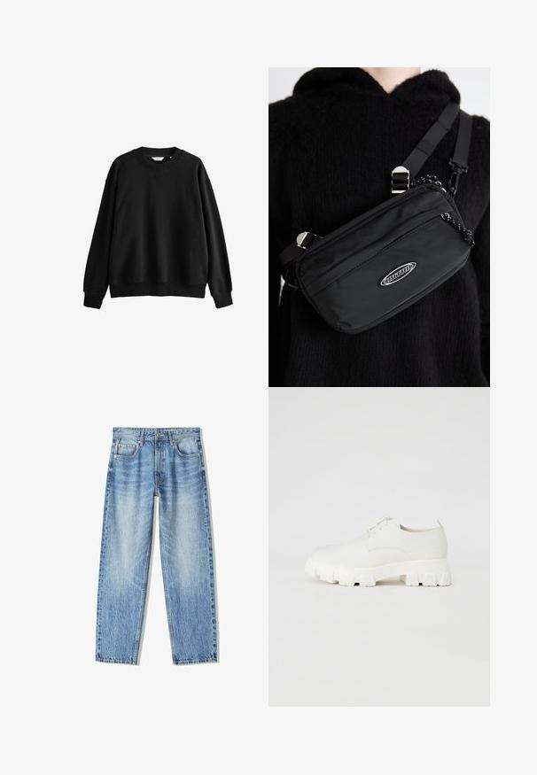 Fekete pulóver, pamut keverékből készült, amely kerek nyakkal, esett vállakkal, bordás mandzsettákkal és laza, dobozos szabással rendelkezik.; Világoskék farmernadrág, laza szabással, egyenes szárú dizájnnal, öt zsebbel és kopottas textúrával. Elöl gombos és cipzáros záródással.; Fehér fűzős cipők sima felülettel, masív, bordás talppal és minimál dizájnnal. Diszkrét varrási részlet a felső részen.; Fekete nylon keresztpántos táska állítható pánttal, sima textúrával, elülső cipzáras zsebbel és logóval díszítve.