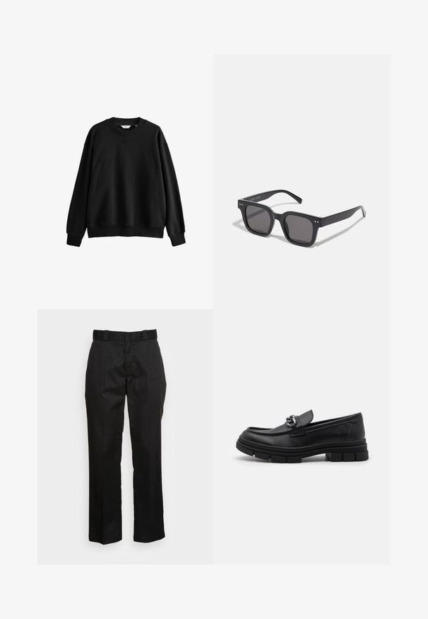 Čierna mikina vyrobená z bavlnenej zmesi, má okrúhly výstrih, spustené ramená, rebrované manžety a voľný, boxy strih.; Čierne nohavice vyrobené z hladkej tkaniny, s rovnými nohavicami, pútka na opasok a dvoma bočnými vreckami. Klasický vzhľad bez ozdôb.; Čierne kožené mokasíny s okrúhlym špičkou, dekoračným pásikom a kovovými prvkami, a robustnou textúrovanou podrážkou. Hladký povrch s jemnými detailami.; Čierne obdĺžnikové slnečné okuliare s tmavými sklami, s hrubým rámom, jemnými akcentmi na stranách a bez viditeľných log, okrem názvu značky.