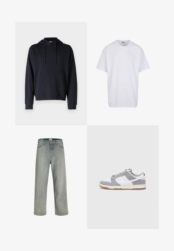 Hoodie nero realizzato in tessuto misto cotone, caratterizzato da una tasca a marsupio, cordini regolabili e polsini e orlo a costine. Design semplice.; Maglietta bianca in cotone con maniche corte, scollatura rotonda, vestibilità comoda e senza loghi o motivi visibili. Texture liscia e design minimale.; Jeans grigi chiaro, con vestibilità comoda, realizzati in denim. Presentano un classico design a cinque tasche, passanti per cintura e una silhouette a gamba dritta.; Le sneakers Nike presentano una tomaia in camoscio grigio e pelle bianca con perforazioni, lacci rotondi e una suola in gomma per una migliore aderenza.