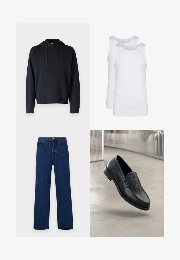 Czarna bluza z kapturem wykonana z dzianiny bawełnianej, z kieszenią typu kangur, regulowanym sznurkiem i ściągaczami przy mankietach oraz u dołu. Prosty design.; Białe bawełniane topy na ramiączkach, bez rękawów, okrągły dekolt, gładka faktura, wykonane z miękkiej, lekkiej tkaniny. Wyeksponowane dwa egzemplarze.; Granatowe dżinsy z prostą nogawką, z pomarańczowymi stębnowaniami, zapinane na guziki oraz z dwiema przednimi kieszeniami z kontrastującymi nitami.; Czarna skórzana wsuwana półbut, o gładkiej fakturze, spiczastym nosku i ozdobnym paskiem na podbiciu. Lekka podeszwa, minimalistyczny design.