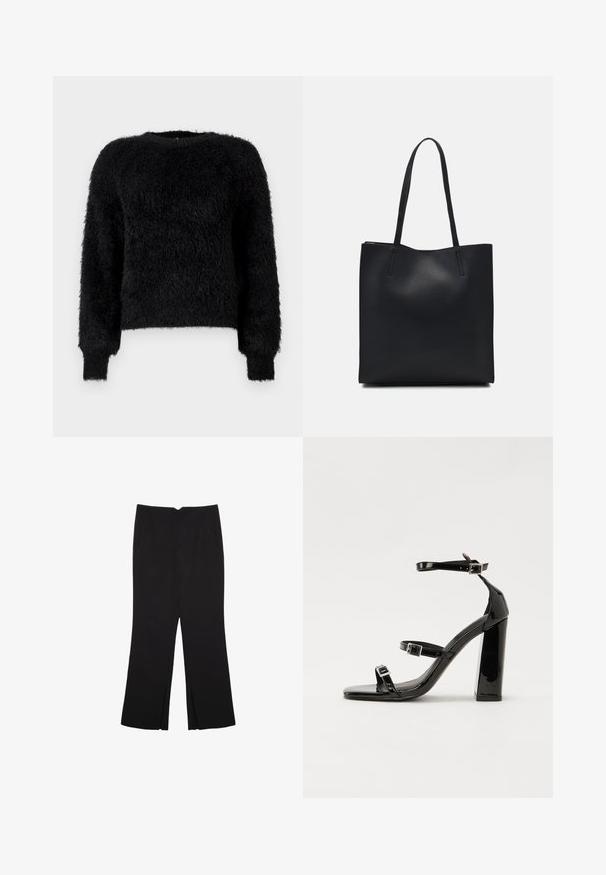 Musta karvainen pitkähihaine crew neck -neule, jossa on pehmeä teksturoitu kangas ja joustavat hihansuut, tasaisen valkoista taustaa vasten.; Mustat housut suoralinjaisella leikkauksella, joissa on etutaskut ja sivurei'ät helman alla. Valmistettu pehmeästä ja sileästä kankaasta. Sopii eri tilaisuuksiin.; Musta kiiltävä korkokenkä sandaalit neliönmuotoisella varpaalla, nilkkaremmillä ja hopeisilla soljilla. Varustettu tukevalla lohkokorkealla vakauden takaamiseksi.; Mustapahkainen kangaskassi, jossa on sileä pinta, suorakaiteen muotoinen ja kaksi pitkää kahvaa. Ei näkyvää metalliosaa tai koristeita.