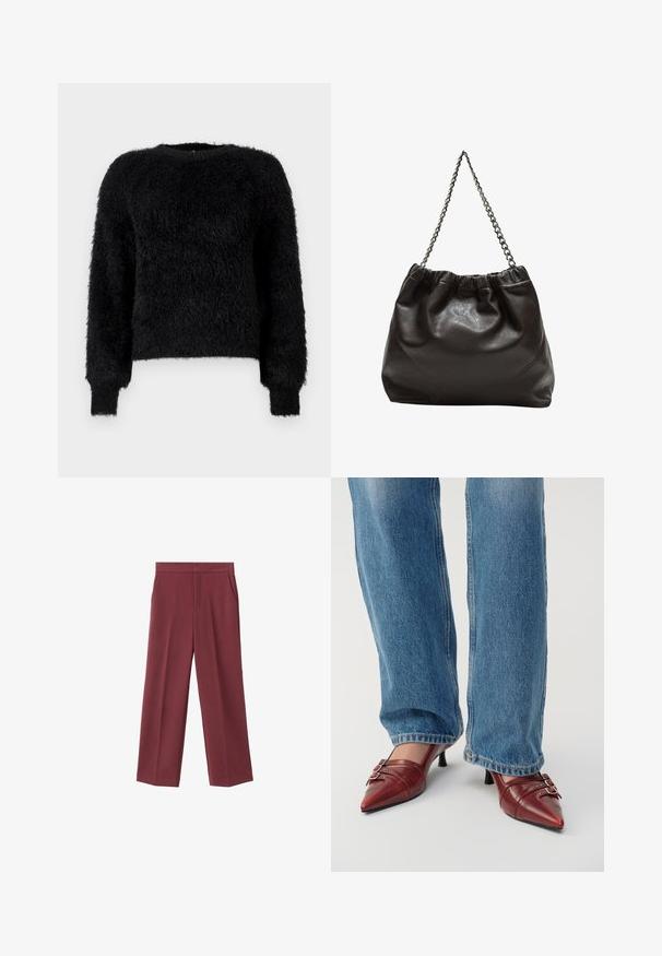 Crni dlačasti pulover dugih rukava s okruglim izrezom, izrađen od meke teksturirane tkanine i s rebrastim manžetama, na jednostavnoj bijeloj pozadini.; Bordo široke hlače od glatkog materijala, s bočnim džepovima i visokim strukom. Krojene s urednim prednjim pregibom.; Crvene kožne cipele s uskim vrhom i malom potpeticom, s horizontalnim šavovima i dvije srebrne kopče, kombinirane s plavim trapericama.; Smeđa kožna torba s naboranim vrhom i lančićem za nošenje. Glatka tekstura s sjajnim završetkom i suptilnim šavnim detaljima sa strane.
