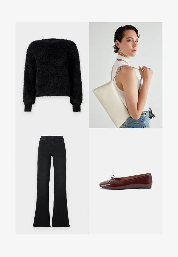 Czarny, puszysty sweter z długim rękawem i okrągłym dekoltem, wykonany z miękkiego, teksturowanego materiału, z prążkowanymi mankietami, na jednolitym białym tle.; Czarne spodnie dżinsowe z wysokim stanem i szerokimi nogawkami, z kieszeniami z przodu, szlufkami na pasek i zapięciem na guzik na białym tle.; Bordowe baleriny z lakierowanej skóry z zaokrąglonym noskiem, małą kokardką z przodu oraz niską, czarną gumową podeszwą. Gładka tekstura.; Biała prostokątna kopertówka wykonana z błyszczącego materiału, z srebrnym łańcuszkiem. Modelka pozuje, prezentując torebkę na jednolitym tle.