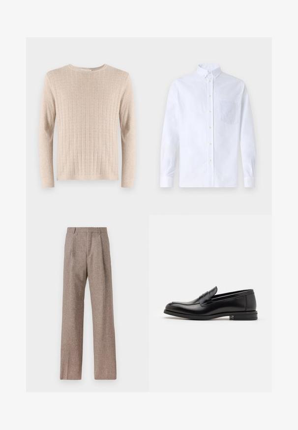 Bežinis ilgam rankovėmis megztinis su įbrėžta tekstūra ir apvaliu kaklu. Audinys atrodo minkštas ir lengvas, su vertikaliomis linijomis visame. ; Balta ilga rankovė mygtukų marškiniai, pagaminti iš medvilnės, su krūtine kišene ir toniniu siuvinėjimu, apykakle ir mygtukų apvadu.; Rudos, aukšto liemens kelnes, pagamintas iš tekstūruotos medžiagos. Plati kojos, dvi priekinės klostės struktūrai. Tvarkingas apdailos darbai, be matomų detalių.; Juodos odinės loafers, turinčios lygų paviršių, apvalią noselę ir dekoratyvinę juostą per priekinę dalį. Žemas krentantis kulnas, minimalistinis dizainas.