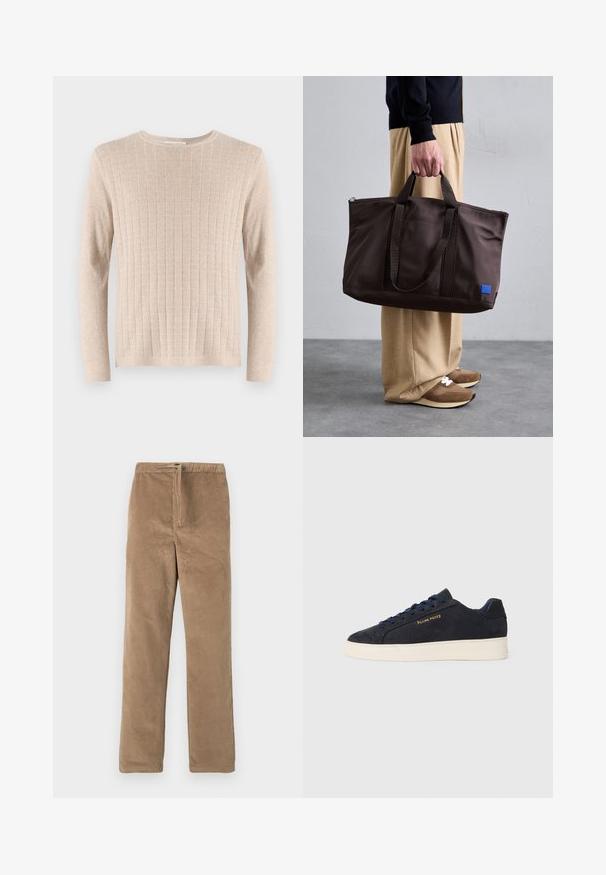 Maglione beige a maniche lunghe con texture a coste e collo rotondo. Il tessuto appare morbido e leggero, con linee verticali in tutto il capo.; Pantaloni in velluto a coste marroni con vita elasticizzata e coulisse frontale, vestibilità dritta, esposti su sfondo bianco.; Sneaker bassa in suede blu navy con suola bianca, lacci blu navy e logo "Filling Pieces" in oro sul lato.; Borsa a spalla in nylon marrone con doppio manico, chiusura con zip e patch logo blu. Texture liscia, design strutturato, interno spazioso.
