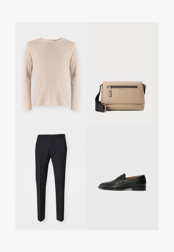 Beige hosszú ujjú pulóver bordázott textúrával és kerek nyakkivágással. Az anyag lágy és könnyű, végig függőleges csíkokkal.; Sötét tengerészkék, slim fit nadrág. Sima, texturált anyagból készült, lapos elülső résszel, övhurkokkal és oldalsó zsebekkel rendelkezik.; Fekete bőr mokaszin, kerek orral, diszkrét varrásokkal és alacsony sarokkal, sima felülettel és minimalista dizájnnal.; Beige bőr keresztpántos táska struktúrált felülettel, elülső cipzáras zsebbel és állítható fekete pánttal. A logó az elülső részen látható.