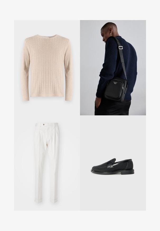 Beige langermet genser med ribbestruktur og rund hals. Stoffet ser mykt og lett ut, med vertikale linjer over hele.; Hvite, skreddersydde bukser med flat front, to legg, og oppbrett. Laget av et glatt stoff med knappelukking i livet.; Sorte vevde slip-on sko med en glatt lærdetalj på overdelen, design med rund tå og en lavprofil gummisåle.; Svart lær crossbody-veske med en glidelåslomme, logo-detalj og justerbar rem med merke. Båret mot en teksturert marineblå genser.