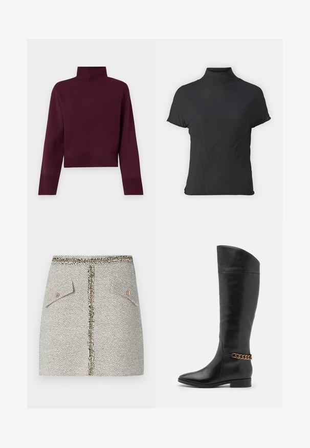 Burgunderfarbener Rollkragenpullover mit einem cropped Design, gerippten Bündchen und einer glatten Textur, ausgestattet mit langen Ärmeln und einem taillierten Ausschnitt.; Schwarzes, kurzärmliges Turtleneck-Oberteil aus leichtem Stoff mit glatter Textur und figurbetonter Passform, ausgestattet mit einem hohen Kragen.; Wolltweed-Rock im weißen und schwarzen Fischgrätenmuster, verfügt über zwei Fronttaschen und einen Reißverschluss in goldfarbener Optik auf der Rückseite mit fransigen Kanten.; Hohe schwarze Lederstiefel mit elegantem Design, spitzer Zehe und einem goldenen Kettenakzent am Knöchel. Tiefer Blockabsatz. Glatte Textur.