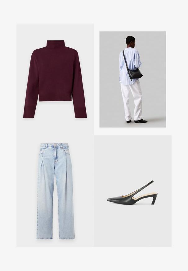 Burgunder genser med høy hals, kort design, ribbede mansjetter og en glatt tekstur, med lange ermer og en tettsittende halslinning.; Lyseblå denimjeans med høy livlinje, vide ben, to sidelommer og plisserte detaljer. Myk tekstur med en falmet finish.; Svart spiss tå slingback-sko med lav hæl, laget av jevnt skinnmateriale og med utskåret design på siden for pusteevne.; Svart lær skulderveske med en myk tekstur, trekantet form og justerbar stropp, kombinert med en lyseblå stripete skjorte og hvite bukser.