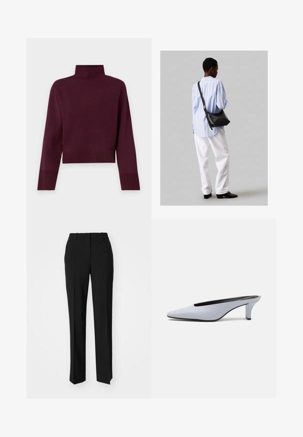 Pulover burgund cu guler înalt, design scurt, manșete texturate și o textură netedă, având mâneci lungi și un guler ajustat.; Pantaloni negri tailor-ed cu un design drept, având o textură fină și cute clare pe față. Fără elemente de prindere vizibile.; Mule din piele patent albastru deschis, cu vârf ascuțit, toc transparent mic și un design elegant cu un decupaj la vamp.; Geantă de umăr din piele neagră cu o textură moale, formă triunghiulară și curea ajustabilă, asortată cu o bluză cu dungi albastre deschise și pantaloni albi.