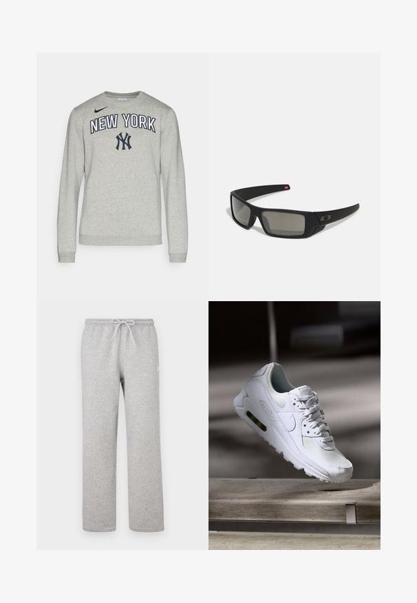 Szürke, hosszú ujjú pulóver, kerek nyakkivágással, amelyen a "NEW YORK" felirat sötétkék színben, valamint egy sötétkék Nike logó található a bal mellrészen.; Szürke szabadidőnadrág rugalmas derékpánttal és húzózsinórral. Puha anyagból készült, egyenes szárú, finom logó részlettel.; Fehér Nike Air Max 90 sneaker, amely hálós és bőr felsőrésszel, perforált orr-résszel és látható légpárnás egységgel rendelkezik a saroknál.; Fekete napszemüveg matt felülettel, téglalap alakú lencsékkel, enyhe ívvel a templomokon, diszkrét logó részlettel és füstszínű lencsékkel.
