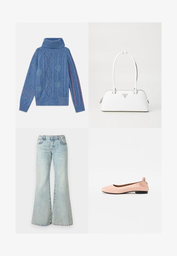 Sinine kudumiskampsun kõrge kaelusega, millel on geomeetrilised mustrid, tekstuuriga aktsent ja kontrastsed punased ja rohelised tikandid.; Heledad sinised flared teksad, mis on valmistatud denimist, kõrge vöökoha, taskute ja kulunud äärtega. Kangas näitab tuhmumist ja peent tekstuuri.; Kerged roosad balletikingad, mis on valmistatud sujuvast materjalist, ümarate varvaste, paindliku seljaosa ja väikese musta kontsaga.; Valge nahast käekott, millel on kumer kuju, hõbedane kolmnurkne logo ja lukk. Sile tekstuur ja kaks sangat.