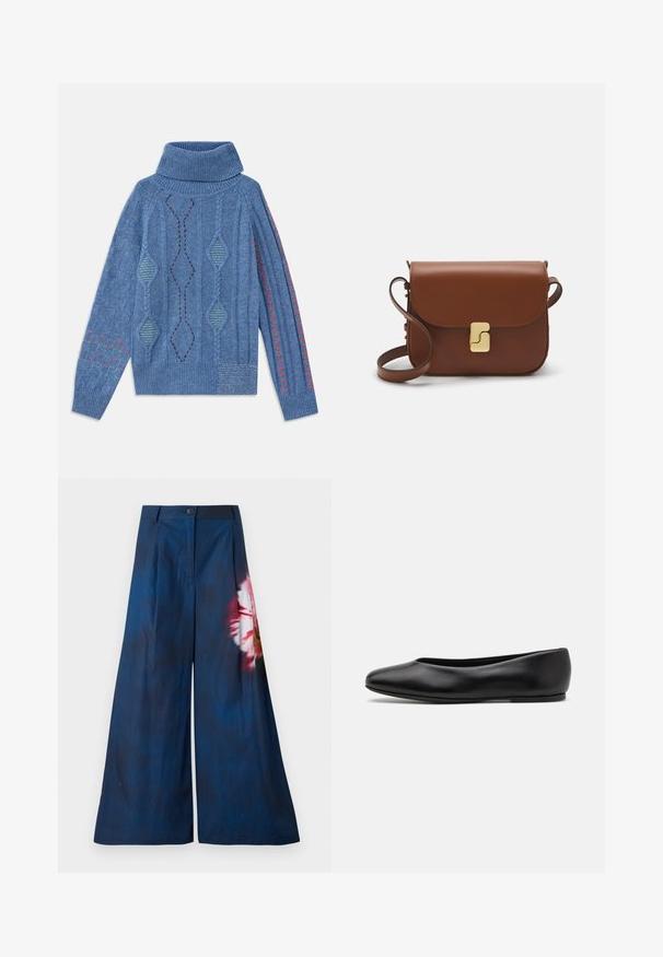 Modra pletena jopica z visokim ovratnikom, ki vsebuje geometrijske vzorce, teksturirane poudarke ter kontrastne rdeče in zelene vezenine.; Široke hlače v temno modri tkanini, ki imajo rožnati in rumeni cvetlični vzorec na eni strani, z gumbom za zapiranje v predelu pasu.; Paul Smith TOPANGA - Balerinke - black; Rjava usnjena torbica s poklopcem, zlato obarvani okovi, naramnica in gladka tekstura. Kompaktna pravokotna oblika.