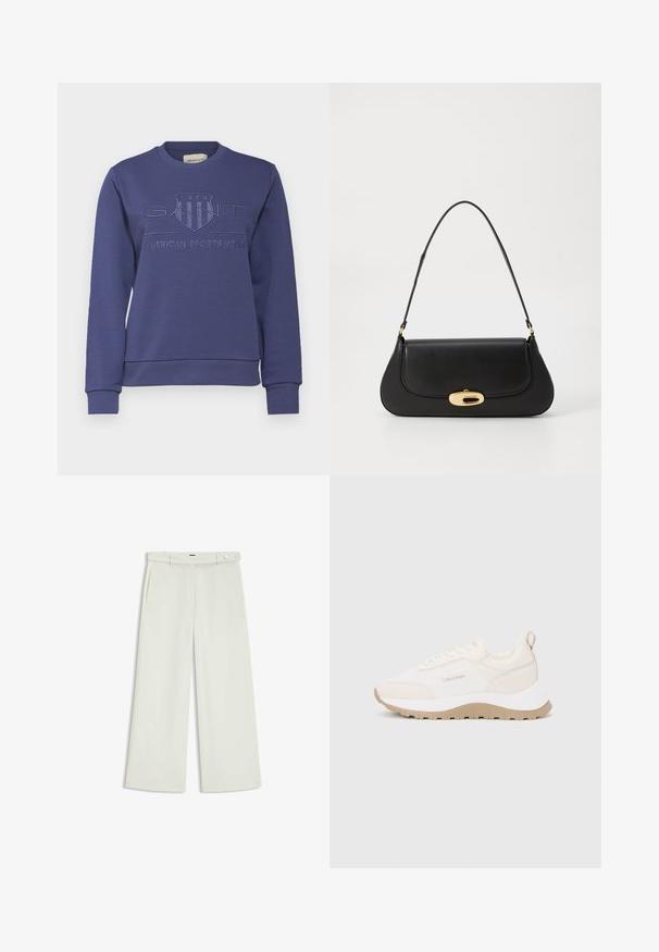 GANT TONAL SHIELD C NECK - Sweatshirt - dusty navy; Wide-leg pants in light cream fabric, featuring side pockets, a flat front, and a single button closure at the waist. Smooth texture.; Calvin Klein sneakers in cream and beige with textured fabric, a chunky sole, lace-up closure, and a loop at the heel for easy wear.; Black leather handbag with a curved design, gold-tone hardware, and a top handle. Features a sleek closure and smooth texture.
