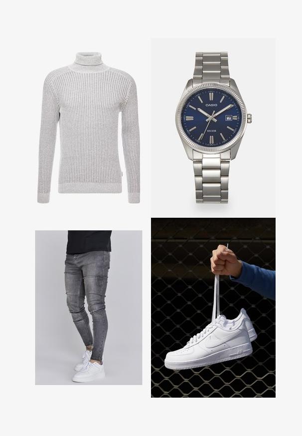 Maglione a collo alto grigio con costine e maniche lunghe, caratterizzato da un motivo testurizzato e una silhouette aderente al collo e ai polsini.; Jeans skinny in denim grigio sbiadito, con dettagli strappati sulle ginocchia, abbinati a sneakers bianche. Texture liscia, design slim fit.; Sneakers in pelle bianca con perforazioni, punta rotonda, suola piatta e lacci spessi, con logo swoosh visibile e "AIR" sul tallone.; Orologio da polso in acciaio inossidabile argento con quadrante blu navy, indici metallici e finestra della data alle 3. Resistente all'acqua fino a 50 metri.