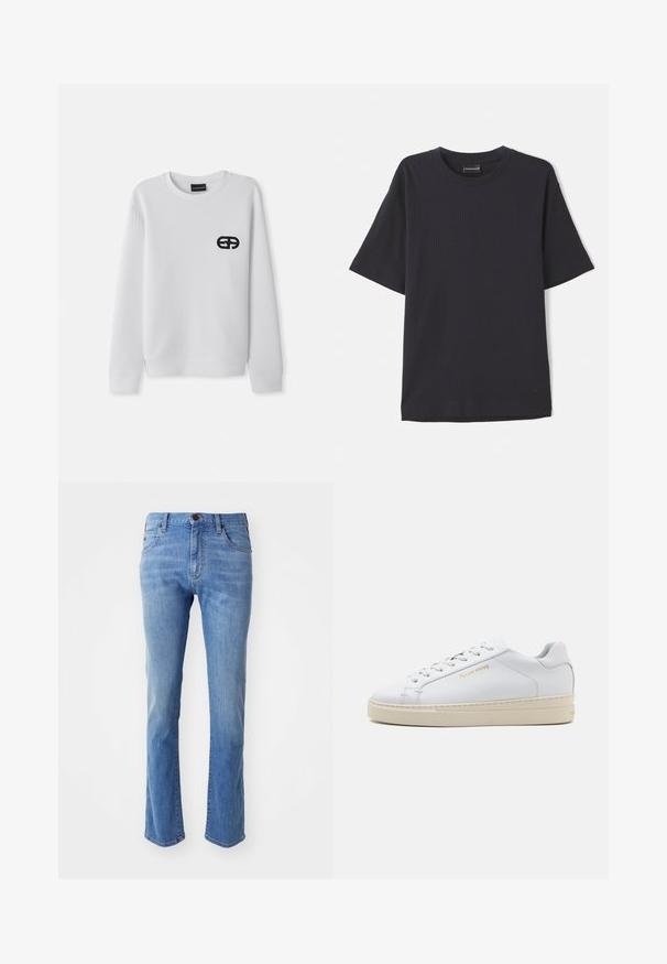 White sweatshirt with long sleeves, round neckline, and a black embroidered logo on the left chest. Smooth texture, minimal design.; Navy blue ribbed short-sleeve t-shirt with a crew neck, featuring a subtle logo on the bottom right. Soft texture, relaxed fit.; Light blue straight-leg jeans with a classic five-pocket design, made of denim. Features a button closure and stitched detailing along the seams.; White leather sneaker with a round toe, flat laces, and a cream rubber sole. Features subtle branding in gold and a smooth texture.