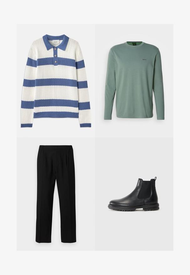 Genser i hvite og blå horisontale striper, strikket tekstur, krage med tre knapper. Ribbestrikkede mansjetter og nederkant, avslappet passform.; Lys grønne langermede t-skjorte laget av myk stoff. Har en rund hals og en liten "BOSS" logo brodert på brystet.; Svarte bukser laget av et glatt stoff, med elastisk liv, rett ben-design og to frontfold for ekstra detaljer.; Sorte skinn Chelsea-støvler med elastiske sider, bærestropp, avrundet tå og robust såle med grep-groove.
