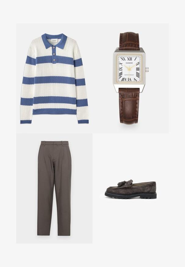 Pullover in Weiß und blauen horizontalen Streifen, gestrickte Textur, mit Kragen und drei Knöpfen. Gerippte Bündchen und Saum, lockere Passform.; Jack & Jones JPSTBILL JJDAYTONA WIDE - Stoffhose - pavement; Dunkelgraue Wildlederslipper mit einem Quastenelement an der Vorderseite, flacher Gummisohle und kontrastierenden Nähten entlang der Kante.; Rechteckige Casio-Uhr mit weißem Zifferblatt, goldenen Akzenten, römischen Ziffern und einem braunen Lederarmband im Krokodil-Muster. Wasserdichtes Design.; Silberne Creolen mit großen, runden, weißen Perlen. Das Design bietet eine glatte Textur und einen sicheren Verschluss zur Befestigung.