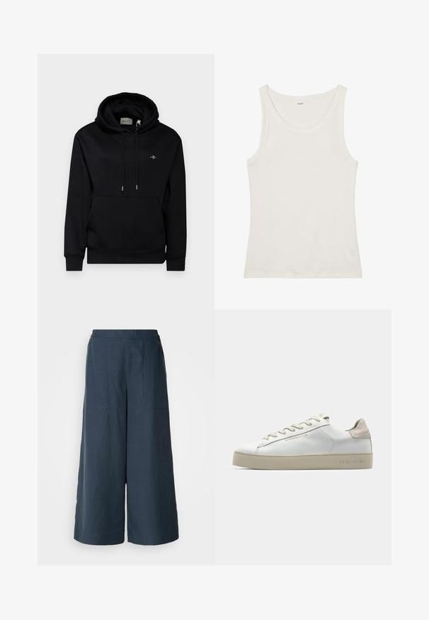 Haut à capuche noir avec une poche avant, des cordons de serrage et un tissu doux. Comprend un petit logo brodé sur la poitrine et des poignets côtelés.; Débardeur en coton blanc avec un col large et de fines bretelles. Texture lisse sans motifs ni embellissements visibles.; Pantalons à jambes larges en bleu marine, fabriqués à partir d'un tissu léger. Dotés d'une surface légèrement texturée, d'une taille élastique et de coutures avant.; Sneaker en cuir blanc avec une finition lisse, accents en suède beige, bout arrondi, design à lacets plats et semelle en caoutchouc texturée.