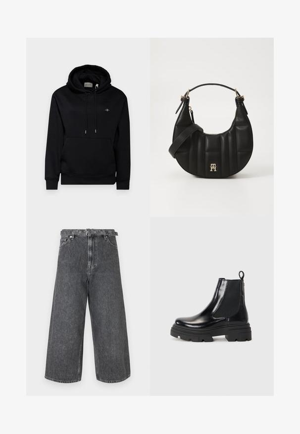 Fekete kapucnis pulóver elülső zsebbe, húzózsinórral és puha anyagból készült. A mellkason egy kis hímzett logó található, valamint bordás mandzsetta jellemzi.; Sötét szürke farmer széles szárú nadrág. Magas derekú, gombos és cipzáras záródással, befejezett szegélyekkel és finom kopásokkal.; Fekete bőr boka csizmák elegáns kivitelezéssel, elasztikus oldalsó panelekkel és vastag fekete talppal. A hátulján található húzószíj megkönnyíti a felhúzást.; Fekete bőrtáska ívelt formával, steppelt textúrával és arany hardware-rel. Levehető vállpánttal és logó részlettel rendelkezik.