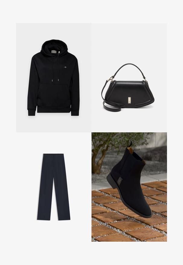 Schwarzer Hoodie mit einer Vorderentasche, Kordelzügen und weichem Stoff. Besitzt ein kleines gesticktes Logo auf der Brust und gerippte Bündchen.; Marineblaue weite Hose mit elastischem Bund, zwei Seitentaschen und einer glatten, gewobenen Textur. Keine sichtbaren Muster oder Hardwaredetails.; Schwarze Leder-Stiefelette mit glatter Oberfläche, gelb gefüttertem Innenbereich und einer Zuglasche; vor einer strukturierten Holz- und Kiesfläche.; Schwarze Lederhandtasche mit einem strukturierten Design, das eine verkürzte Form, einen oberen Griff und goldfarbene Hardware-Details aufweist. Verstellbarer Schulterriemen ist enthalten.