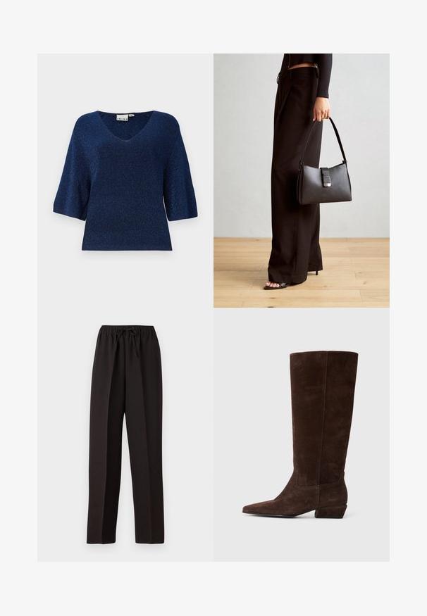 Pulover scurt, cu mânecă scurtă, de culoare bleumarin, cu decolteu în V, fabricat dintr-un material ribbolat cu un ușor luciu metalic și o croială lejeră.; Pantaloni negri, cu picioare largi, cu un tiv elastic și șnur ajustabil. Realizați dintr-un material neted, ușor, fără modele vizibile.; Botă înaltă din suede de culoare maro închis, cu toc mic și vârf ascuțit, prezentată din lateral pe un fundal alb.; Genți negre cu o formă structurată, textură netedă și un închizător metalic. Asortată cu pantaloni negri largi și sandale cu vârf deschis pe un podea din lemn.