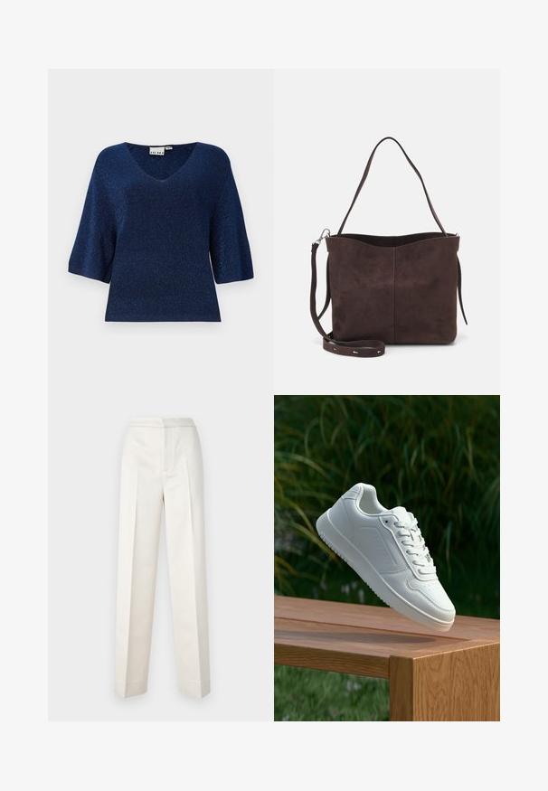 Suéter azul-marinho de manga curta com decote em V, feito de tecido canelado com um leve brilho metálico e um corte descontraído.; Calças creme com um corte ajustado, apresentando perna reta, tecido suave, pregas frontais e barra limpa. Design minimalista.; Sapatilha branca com um cabedal sintético liso, caixa dos dedos perfurada, atacadores planos e uma sola texturizada, exposta sobre uma superfície de madeira.; Saco tote em camurça castanha com uma textura suave, apresentando uma única alça de ombro e uma abertura superior levemente curvada. Sem detalhes de hardware visíveis.