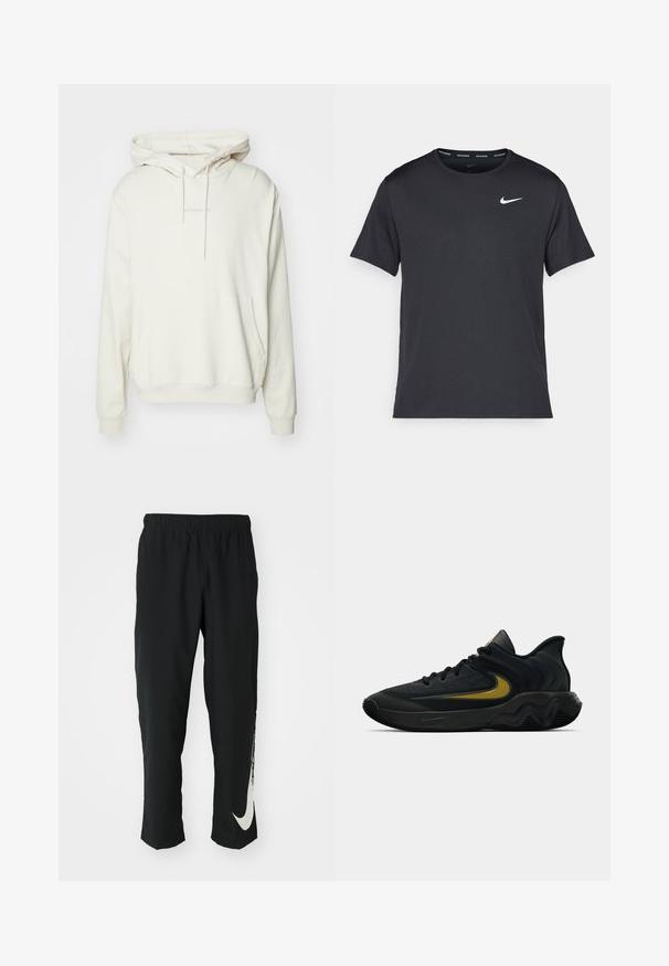 Kremowa bluza z kapturem na sznurki, kieszenią z przodu i ściągaczami na mankietach. Posiada subtelne haftowane logo marki na środku. Miękka tekstura materiału.; Czarna koszulka do biegania Nike z lekkiego, oddychającego materiału, z krótkimi rękawami i małym białym logo na piersi.; Czarne spodnie sportowe z elastycznym paskiem, zwężający się fason, z dużym białym logo Nike na lewej nogawce. Miękka, lekka tkanina.; Czarne i ciemnoszare buty sportowe z czarnymi sznurowadłami i złotym logo w kształcie paska, z falistym wzorem podeszwy i wyściełanym kołnierzem pięty.
