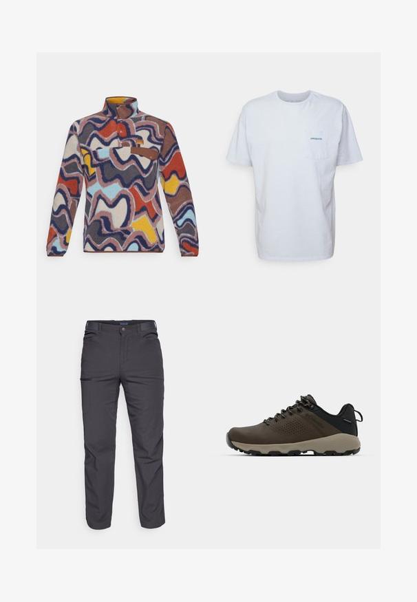 Pullover in pile con colletto alto, caratterizzato da un motivo ondulato multicolore in rosso, blu, giallo e marrone. Taschino marrone con chiusura a bottone.; T-shirt bianco in cotone con maniche corte, scollo rotondo e tasca sul petto sinistro con il logo "Patagonia" blu. Vestibilità classica con una texture liscia.; Pantaloni grigi scuri realizzati in tessuto resistente, dotati di tasca con zip, taglio dritto e passanti per cintura per una vestibilità regolabile.; Sneakers impermeabili marroni con tomaia testurizzata, dettagli perforati, supporto al tallone nero e suola in gomma grigia. I lacci sono decorati con estremità metalliche.