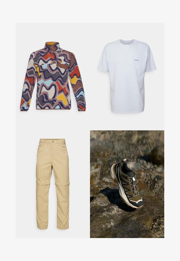 Sudadera de forro polar con cuello alto, que presenta un patrón ondulado multicolor en rojo, azul, amarillo y marrón. Bolsillo en marrón con cierre de botón.; Camiseta de algodón blanca de manga corta, con cuello redondo y un bolsillo en el pecho izquierdo que presenta un logotipo azul de "Patagonia". Corte clásico con una textura suave.; Pantalones beige desmontables con una textura suave, que presentan dos bolsillos laterales, un cierre de botón y puños enrollables para mayor versatilidad.; Zapato de senderismo en verde oliva y negro con toques de rosa. Cuenta con una parte superior texturizada, suela flexible, capuchón de punta reforzado y un sistema de cordones colorido.