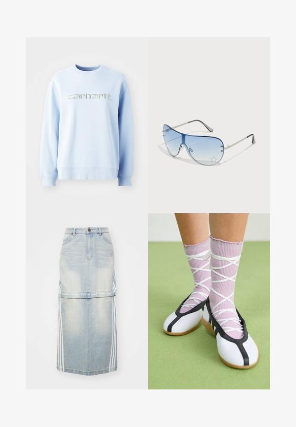 Hele sinine ümar kaelusega sviiter, mis on valmistatud pehmest kangast, sisaldab esiosas silmapaistvat hõbedast tikandit "carhartt".; Hele sinine teksase midi seelik, millel on külgmised triibud, sobiv talje ja eesmistel taskutel. Kulunud tekstuur lisab detaili.; Valged lamedad jalanõud musta ääre ja tallaga, koos heledate lillade soonikatega sokkidega, millel on valged ristvõrgud. Taustal roheline värv.; Aviatori prillid, millel on gradient sinine objektiiv, hõbedane metallraam ja dekoratiivsed staaraktsendid objektiivil. Sujuv ja stiilne disain.