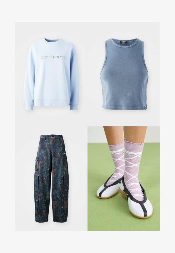 Gaiši zils crewneck svārks, kas izgatavots no mīkstas auduma, ar izteiktu sudraba izšūtu "carhartt" logo priekšpusē.; Gaiši zils ribots īsa augšdaļa ar apļa formas dekoltē un bez piedurknēm. Gluda tekstūra un neliels logotipa detalizējums apakšmalā.; Tums cargo bikses tumši zaļā un brūnā krāsā ar vairākiem kabatām un brīvu piegriezumu, izgatavotas no viegla, izturīga auduma.; Baltas plakans kurpes ar melniem akcentiem un zoli, saskaņoti ar gaiši violetām ribotām zeķēm ar baltām krustveida siksnām. Iestatīts zaļā fona.
