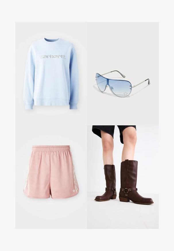 Um sweatshirt de gola redonda azul claro feito de um tecido suave, com um destacável logotipo "carhartt" bordado em prata na frente.; Calções de desporto cor-de-rosa com uma cintura elástica, detalhes de uma faixa branca lateral e um pequeno logótipo na parte inferior esquerda da frente. Textura de tecido suave.; Botas castanhas de couro até ao joelho, com biqueira arredondada, superfície texturizada, strap no tornozelo e detalhes em metal prateado; salto empilhado.; Óculos de sol aviador com lentes azuis em degradê, armação metálica prateada e detalhes decorativos de estrelas nas lentes. Design suave e elegante.