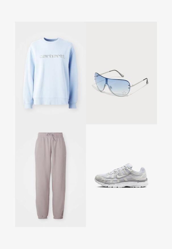 Világoskék, kereknyakú pulóver, puha anyagból készült, a mellrészen egy jellegzetes ezüst hímzett "carhartt" logóval.; Világos mauve színű bolyhos melegítőnadrág, rugalmas derékpánttal, zsinórral, oldalsó zsebekkel és rugalmas mandzsettákkal, fehér háttér előtt laposan elhelyezve.; Világosszürke sportcipők, hálós és szintetikus felső résszel, fűzős zárással, párnázott bokával és texturált talppal a tapadás érdekében.; Pilóta napszemüveg, melynek áttetsző kék lencséje, ezüst fém kerete és díszes csillag díszítések találhatók a lencsén. Simogató és elegáns dizájn.