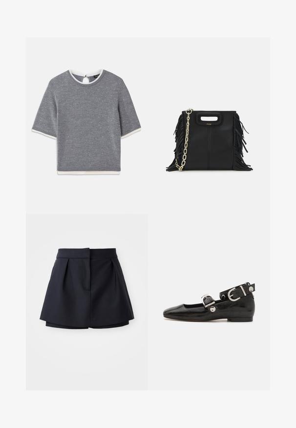 Šedý top s krátkým rukávem a kulatým výstřihem, zdobený texturovaným vzorem a bílými žebrovanými detaily na límci a lemování. Detaily ve tvaru klíčové dírky na zadní straně.; Námořnické skládací šortky s vysokým pasem, vyrobené z hladkého materiálu. Disponují těsným střihem a skrytým předním kapsou.; Černé lakované baleríny se čtveratou špičkou, nártní přezkou s stříbrným kováním a plochou podrážkou. Hladká textura s minimalistickým designem.; Černá kožená kabelka s třásněmi, zlatým řetízkovým ramenním popruhem a rukojetí s výřezem. Na přední straně se nachází logo.