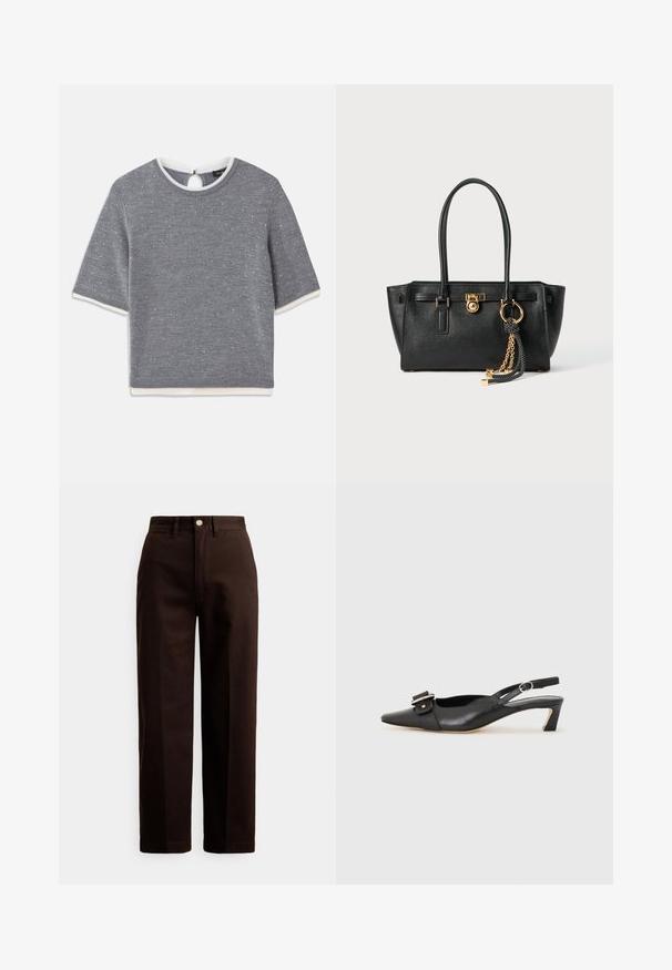 Haut gris à manches courtes avec un col rond, présentant un motif texturé et des accents ribotés blancs au col et à l'ourlet. Détail en forme de clé au dos.; Pantalon droit marron foncé avec fermeture à bouton et fermeture éclair, passants pour ceinture et poches avant sur fond blanc.; Chaussure slingback en cuir noir avec un bout pointu, un petit talon et un détail de boucle décoratif sur le dessus. Texture lisse, design minimaliste.; Sac à main en cuir noir avec double anses, serrure dorée et détails en chaîne, et accessoire à pompon noir et blanc sur fond blanc.
