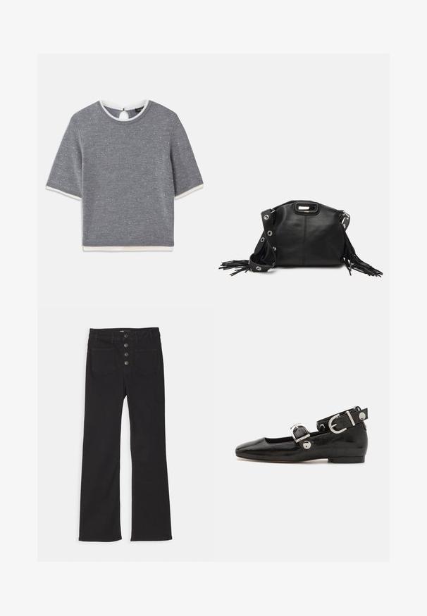Graues Kurzarmshirt mit runder Ausschnittform, das ein strukturiertes Muster und weiße Rippdetails am Kragen und Saum aufweist. Detail mit Schlüsselbeingrößefach hinten.; Schwarze, ausgestellt geschnittene Jeans aus Denim mit hoher Taille, fünf Taschen und einem frontalen Knopfverschluss mit vier Metallknöpfen.; Schwarze Lackleder-Ballerina mit eckiger Zehenpartie, Knöchelriemen mit silberner Hardware und flacher Sohle. Glatte Textur mit minimalistischen Design.; Maje MISS MINI - Umhängetasche - noir